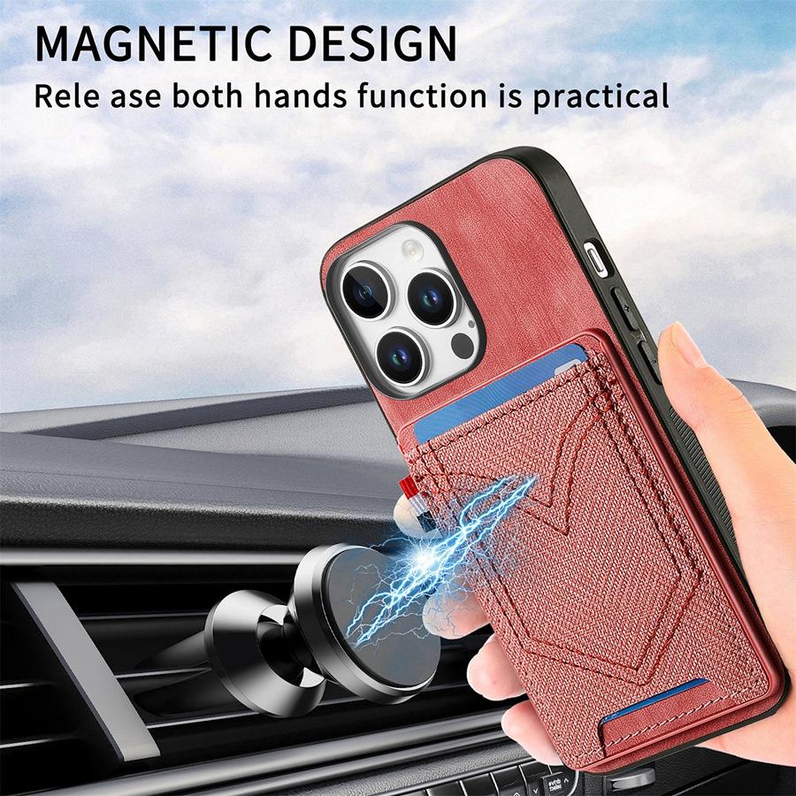 IPhone Samsung Xiaomi Google için Kart Yuvalı Kot Dokulu Telefon Kılıfı Manyetik Araç Tutucu Uyumlu Düşmeye Karşı & Parmak İzine Karşı Arka Kapaklar