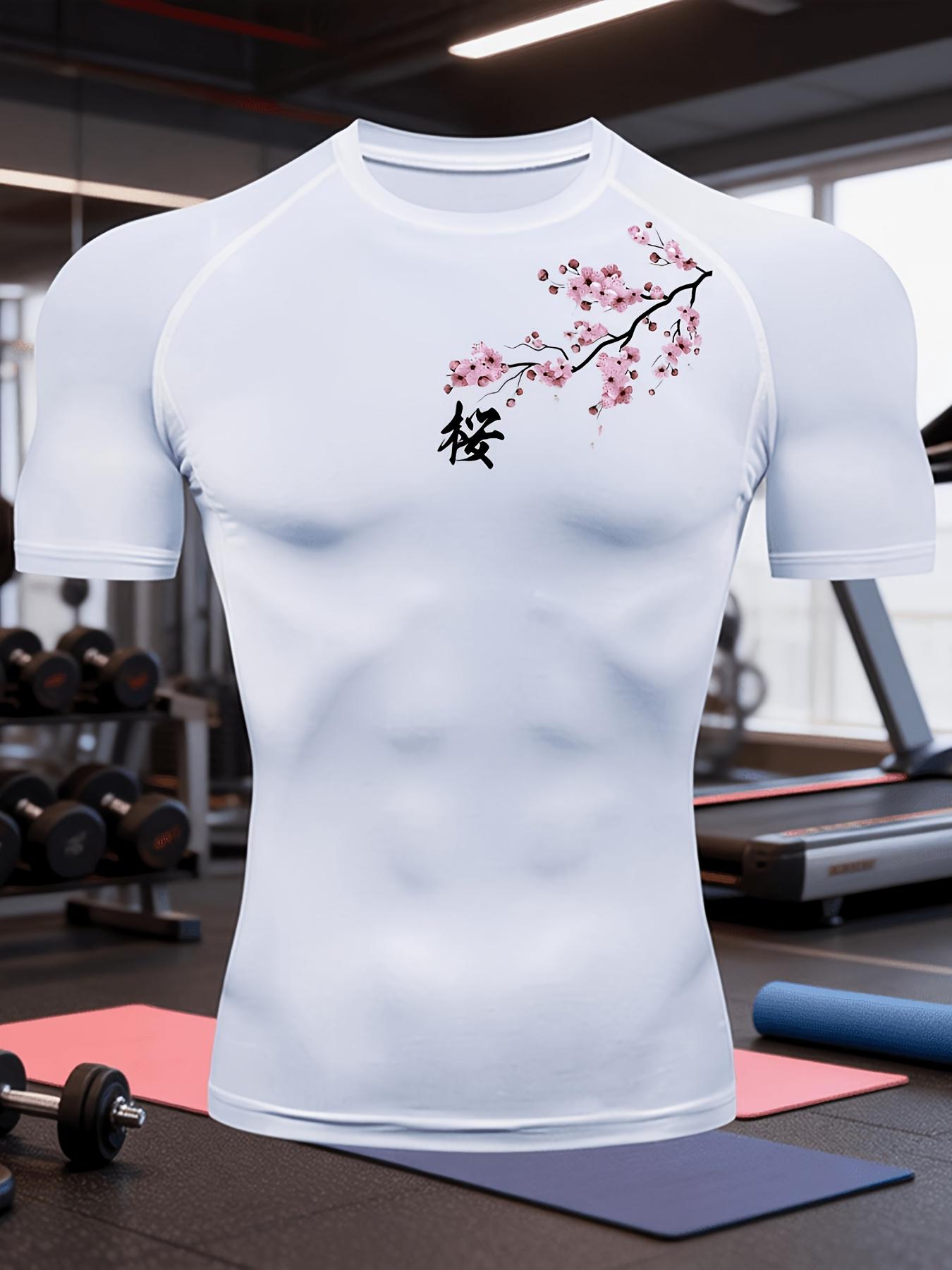 Men s Navy Blue Cherry Blossom Print Compression T-Shirt, Quick Dry Breathable Japanese Style Gym Workout Top S белый