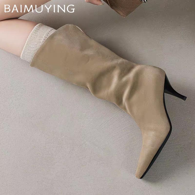 Cizme de damă din piele întoarsă până la jumătatea gambei, cu vârf ascuțit și toc mediu, pantofi la modă 2025, cizme Chelsea de iarnă de designer, pantofi cu toc la modă, botine goth pentru femei