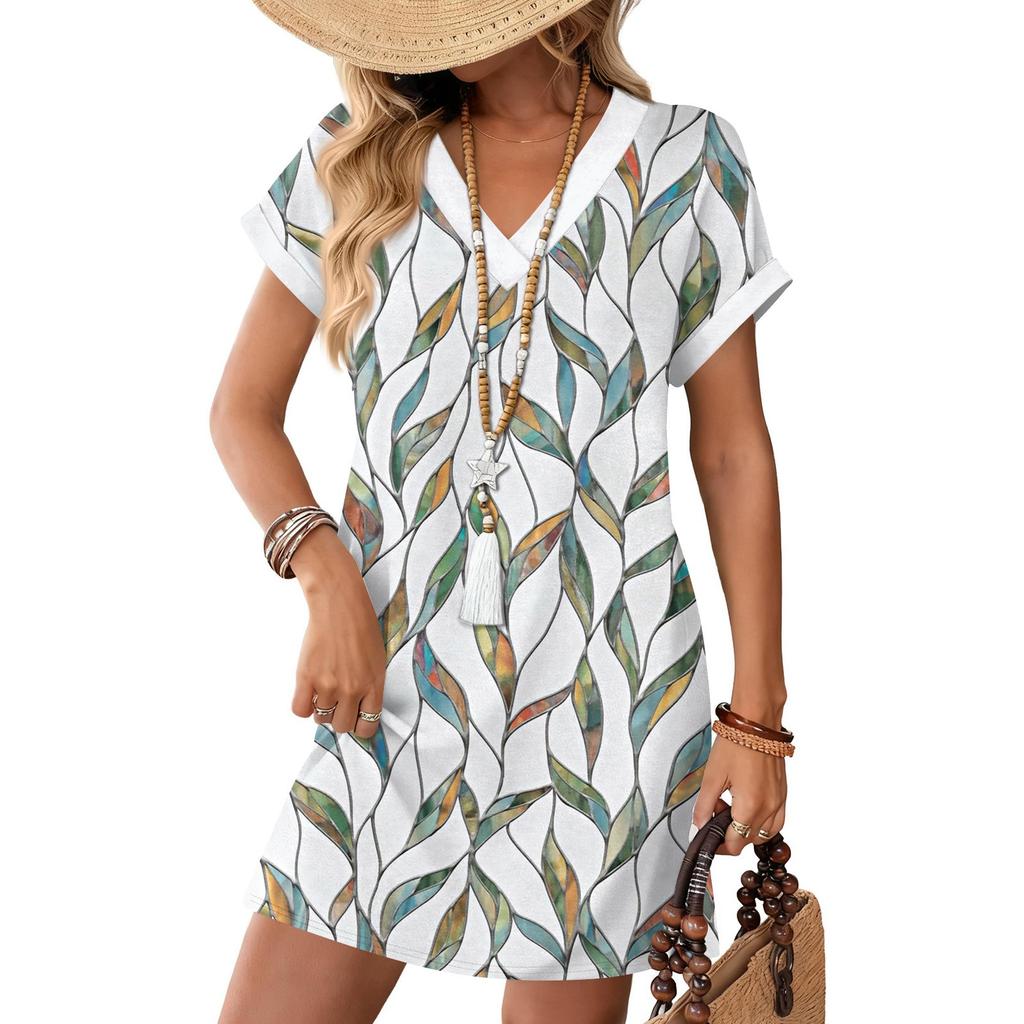 Women's Fashionable Floral Print V-neck Short Sleeved Pocket Casual Pullover Dress