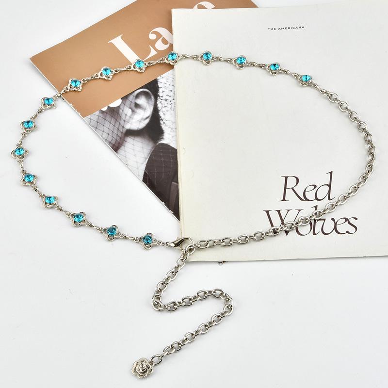 European and American Fashionable Blue Rhinestone Waist Chain for Women Simple Matching Dress Decorative Metal Waist Chain for Women