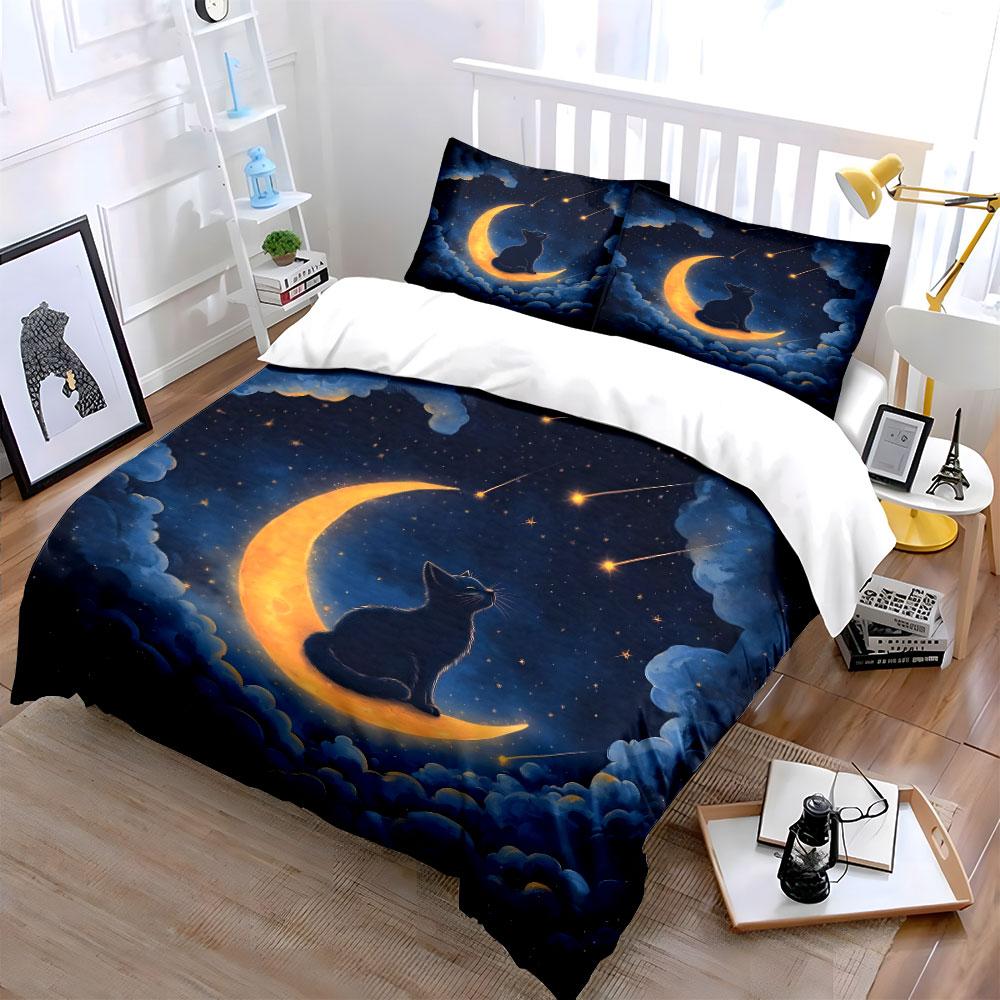 Katze auf Mond mit Sternschnuppen Bettwäsche Bettbezug Set (1*Bettbezug 2*Kissenbezüge, ohne Bettdecke)
