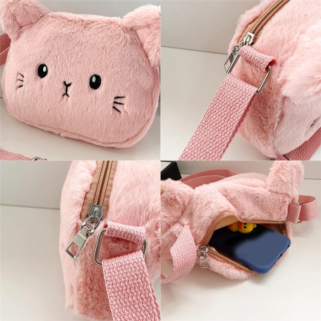 Cartoon Cat Girls Crossbody Bags Soft Plush Messenger Shoulder Bag Winter Animal Shape Handbags Small Purse Wallet