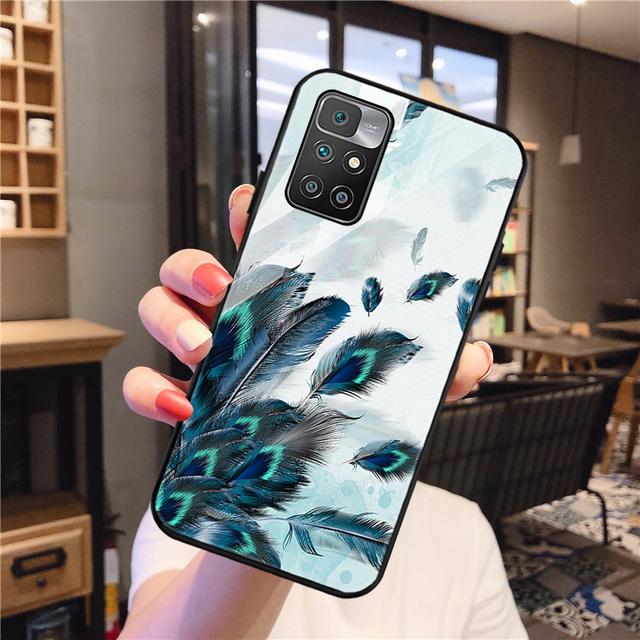 Redmi 9 Fall für Xiaomi Redmi 10 Fall Gehärtetes Glas Abdeckung Redmi 9a 9c Nfc 8a 8 7a 6a Hinweis 8 9 10 Pro Zurück Feder Gemalt Coque