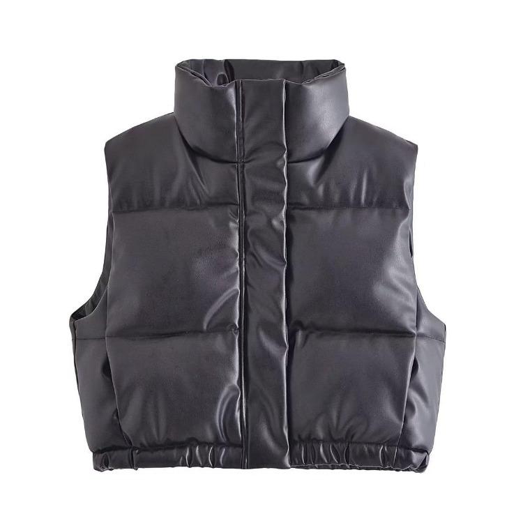 Women Winter Short Coat Cotton Imitation Leather Vest Pure Color Autumn Fashion Outerwear