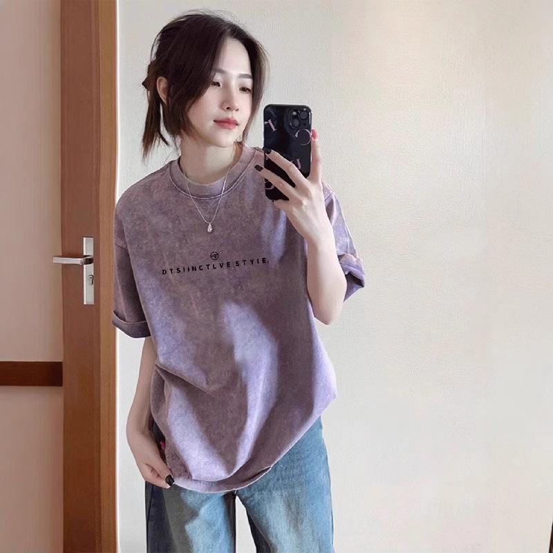 Damen T-Shirt mit kurzen Ärmeln, Rundhalsausschnitt, Hip-Hop-Stil, Bedrucktes Oberteil, Vintage-gewaschene Baumwolle, Lässiges T-Shirt