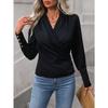 Women's Black Long-sleeved Crossover V-neck Top, Cuff Button Design Is Fashionable and Versatile