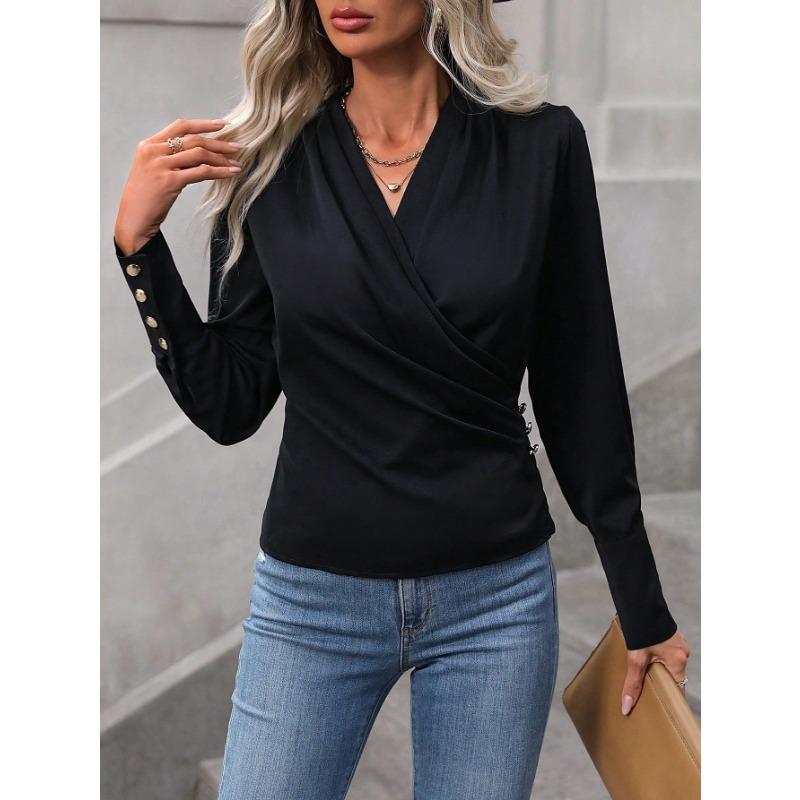 Women's Black Long-sleeved Crossover V-neck Top, Cuff Button Design Is Fashionable and Versatile