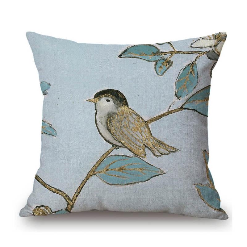 Lovely Blue Flower Bird Home Decoration Art Cotton Linen Sofa Chair Seat Throw Pillow Case Nordic Elegant Cushion Cover