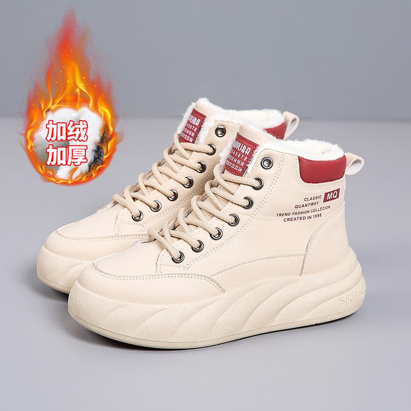 2025 New Winter Velvet Thickened Cotton Shoes High-top Warm Versatile Dad Shoes Non-slip and Wear-resistant Women's White Shoes
