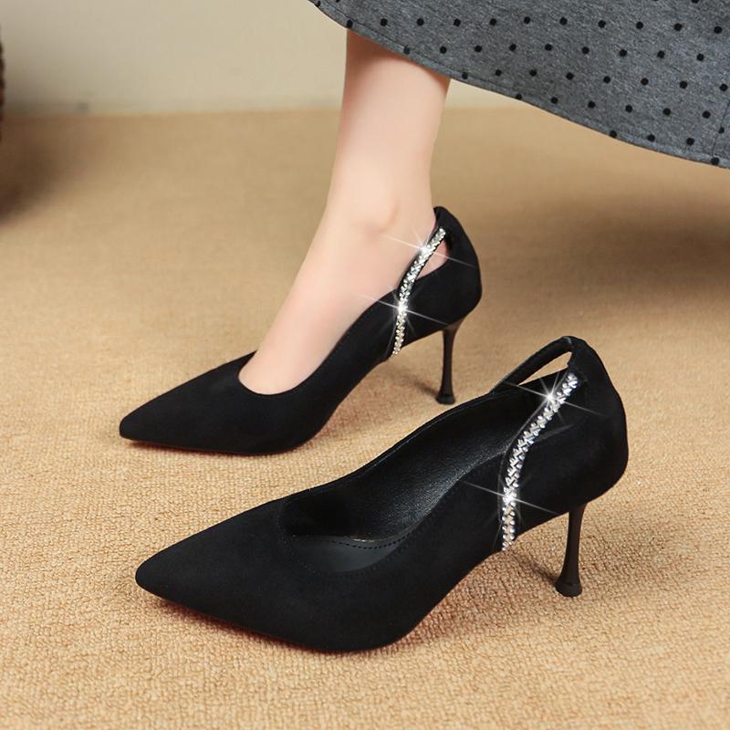 

Модная женская обувь 2025 Новые женские туфли-лодочки Замшевые туфли на высоком каблуке Модная офисная обувь Шпильки Вечерние Женские Каблуки 34 чёрный