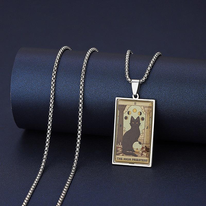 Stainless Steel Epoxy Cat Tarot Card Pendant Necklace For Men Boys Animal Divination Jewelry