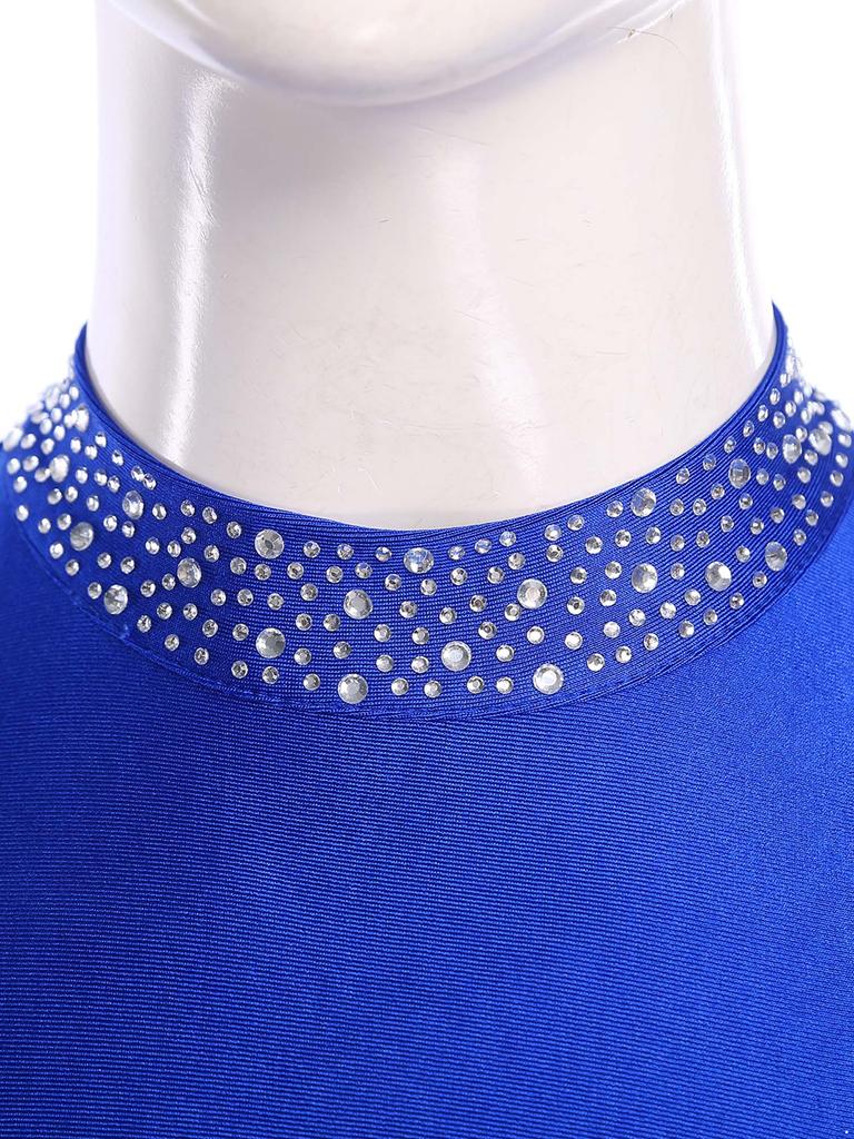 Womens Long Sleeve Skating Dress Sparkle Rhinestone Backless Irregular Hem Side Fringe Leotard Gymnastics Costume