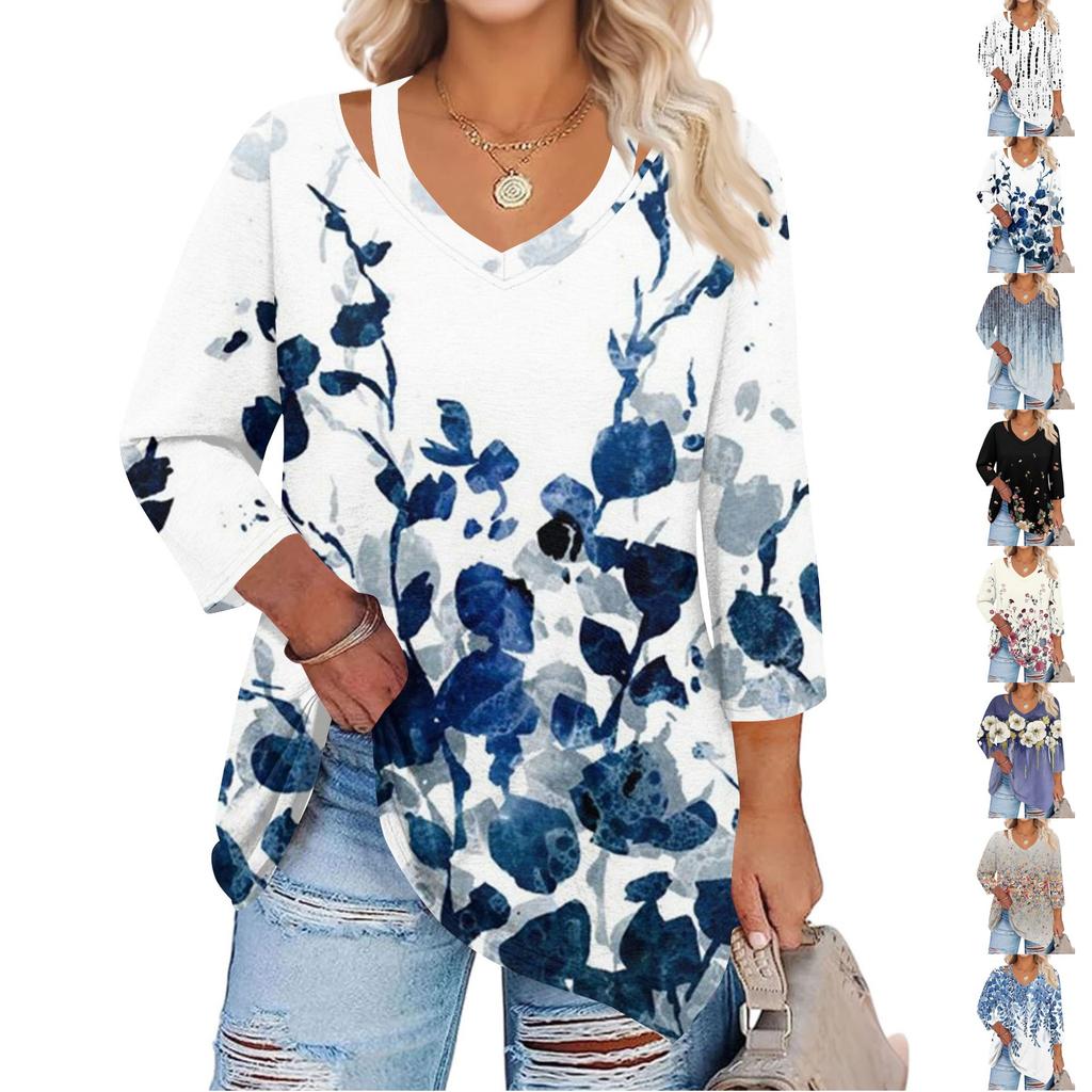 Women's Print Plus Size Tops Hollow V Neck 3/4 Sleeve Shirt Elegant Casual Tops