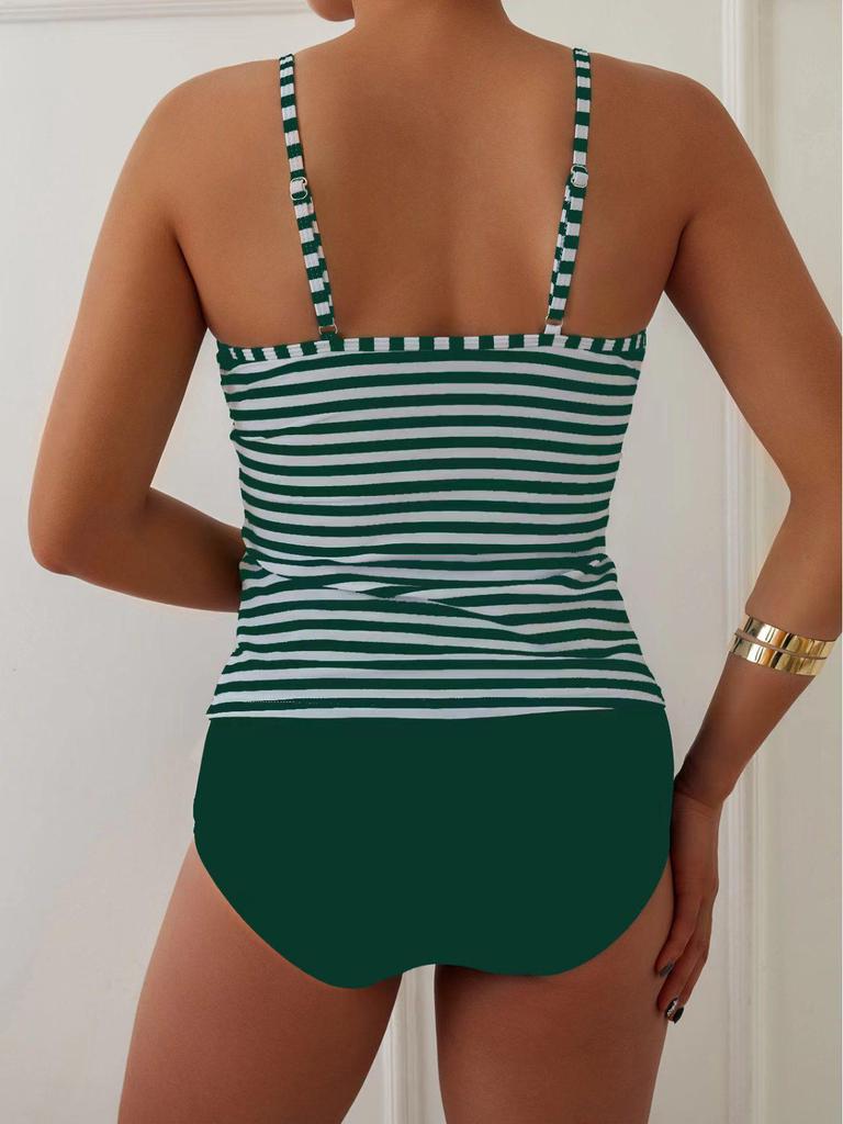 European & American Striped Women's Two-Piece Conservative Tankini Swimsuit
