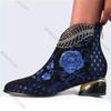 Fashion Women's Ethnic Embroidered Ankle Boots Mid Chunky Heel Rhinestone Decor Autumn Shoes for Women Vintage Style Casual Short Botas
