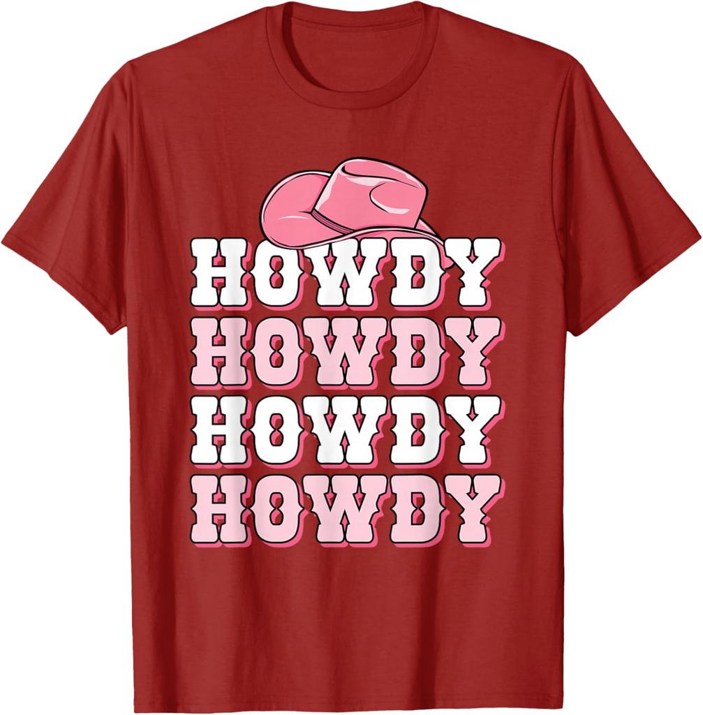 Howdy Pink Cowboy Hat Western Graphic Tee Soft Breathable Casual T-Shirt for Women