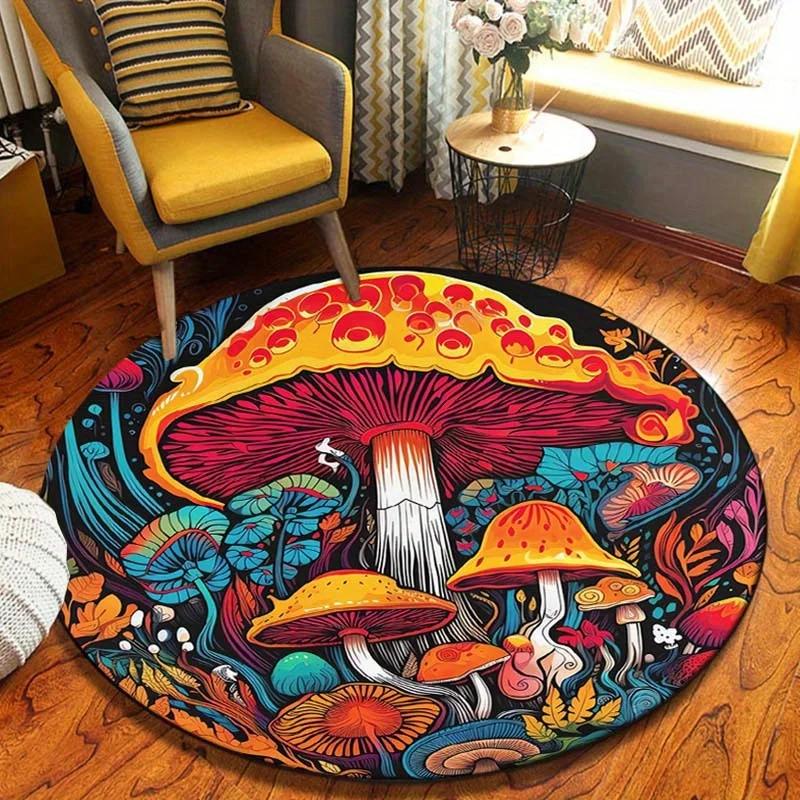 Cute Mushroom Round Area Rug – Soft Washable Carpet for Bedroom or Entryway – Non-Slip Floor Mat, Nature-Inspired Balcony Decor