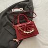 Elegant Pleated Bow Design PU Shoulder Bags for Women Solid Color Pearl Chain Ladies Crossbody Bag Simple Female Square Handbags