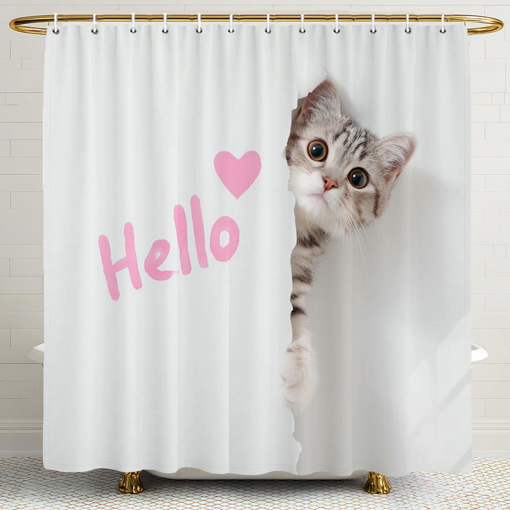 Cartoon cute cat pattern Shower Curtain, Bathroom Decorative Shower Curtain, Printed fabric Shower Curtain with Hooks W90xH180cm
