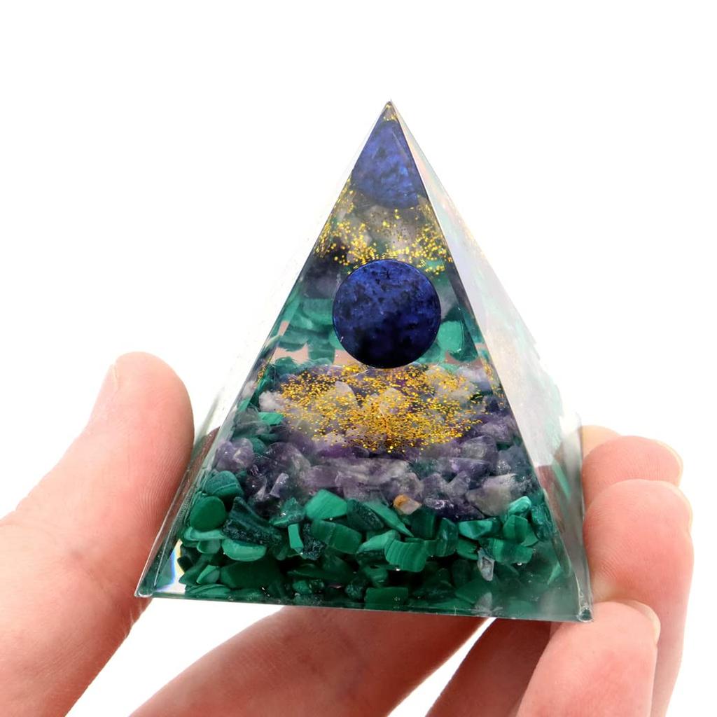 [GOLD STONE] Orgonite Pyramid, Natural Stone Chips, Malachite, Amethyst, Lapis Lazuli, Approx. 5cm Wide, Ornament, Power Stone, Purification