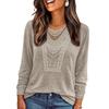 Women's Casual Color Long Sleeve Round Neck Top with Lace Trim