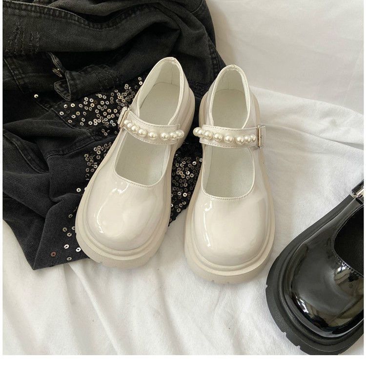 French retro British style small leather shoes women's spring new pearl fairy word with platform Mary Jane single shoes