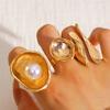 Finger Ring Imitation Pearl Embellishment Artistic Irregular Shape Wide Double-Strip Design Women Ring Anti-Oxidation Jewelry