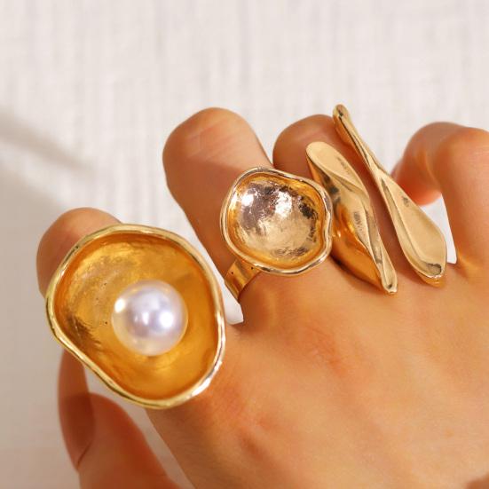 Finger Ring Imitation Pearl Embellishment Artistic Irregular Shape Wide Double-Strip Design Women Ring Anti-Oxidation Jewelry