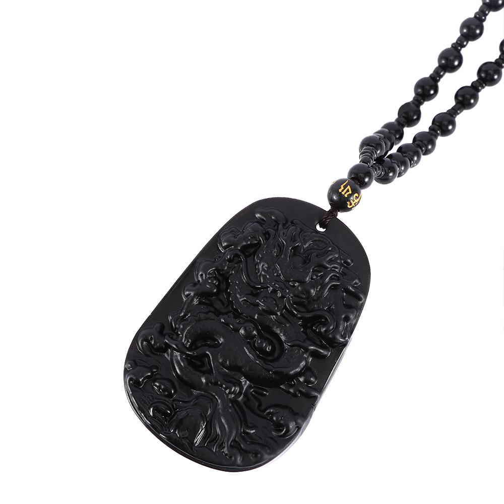 Bijoux Corde Chaîne de Perles Auspicieuse Noir Obsidienne Naturelle Pendentif Sculpté Collier Totem Dragon