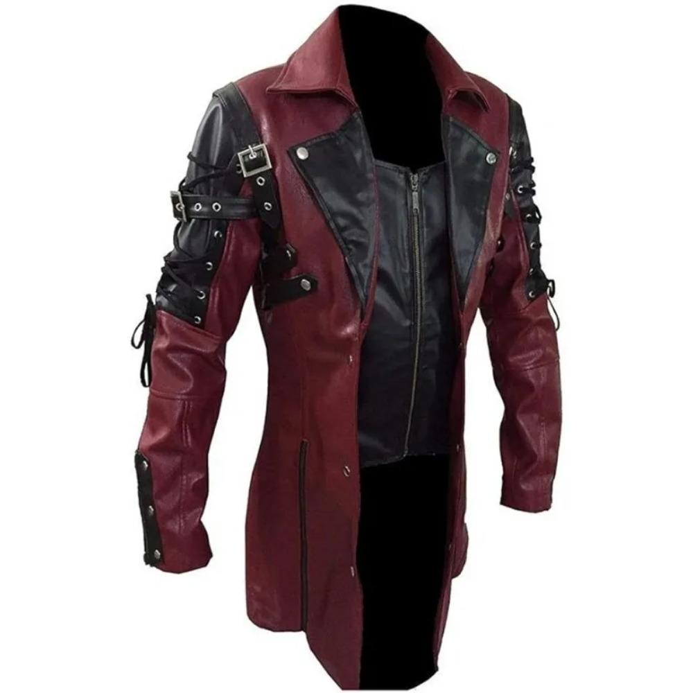Steampunk Men's Gothic Trench Coat Leather Jacket Punk Style Biker Jacke Autumn Winter Motocycle Jacket