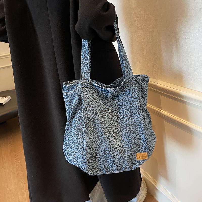 Denim Shoulder Bag Women's Large Capacity Shopping Bag Leopard Print Tote Bag Student Commuter Bag