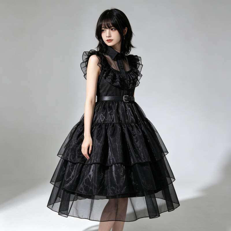 Costume Cosplay Enfant Mercredi Addams avec Robe en Mousseline pour les Fêtes d'Halloween