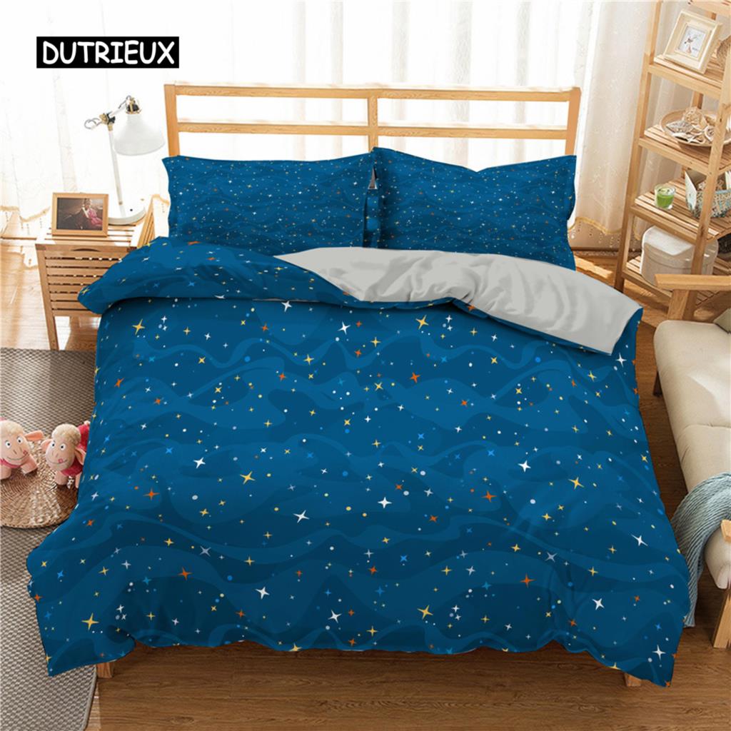 Star Single Double Twin Queen Bedding Set 2/3pcs Night Sky Polyester Bed Cover Kid Duvet Cover Set Dark Blue Galaxy Bedclothes