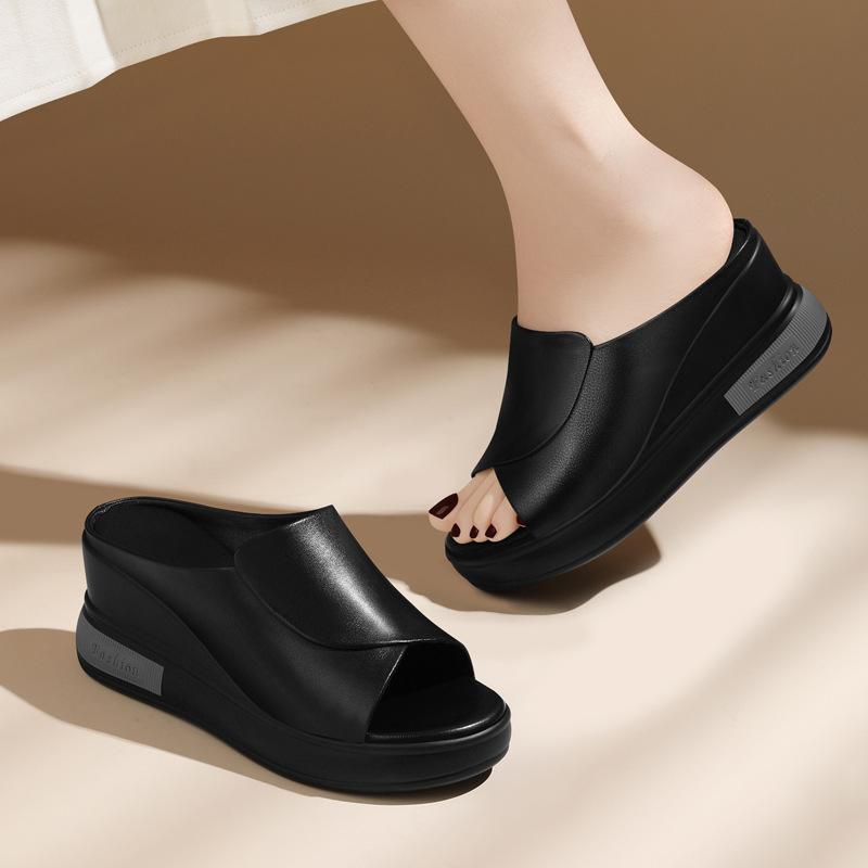 Top layer cowhide wedge sandals women's summer fashion high heels ladies wear sandals women's slippers outside