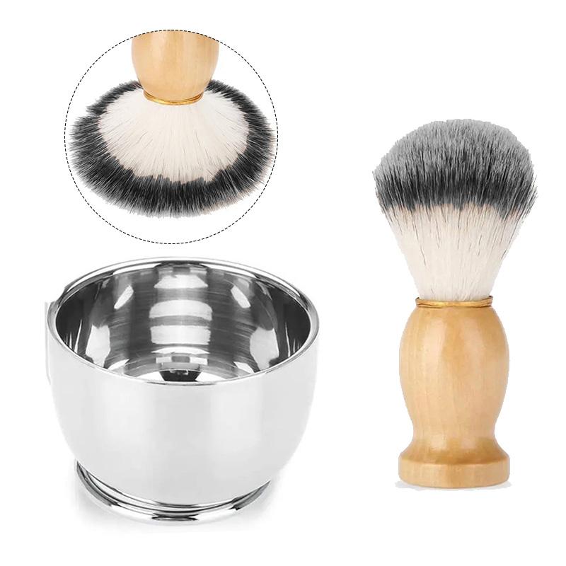 3pcs Men Shaving Brush Kit Wooden Handle Shaving Brush Stainless Steel Soap Bowl with Metal Stand Professional Face Beard Cleaning Grooming Tool Set