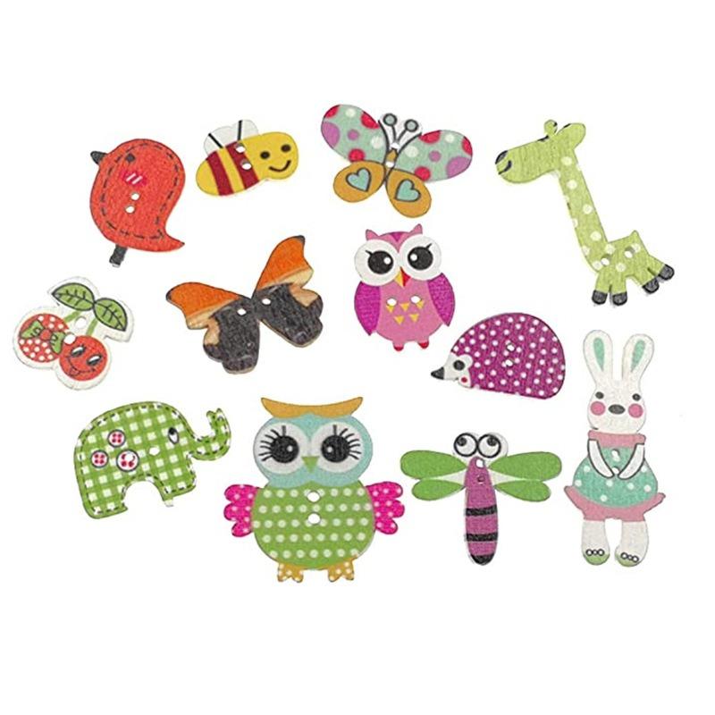 50PCS Wooden Buttons Natural Wood 2-Holed Fastener Buttons for Sewing Knitting Handcraft  Cartoon Animals Printing Patterns