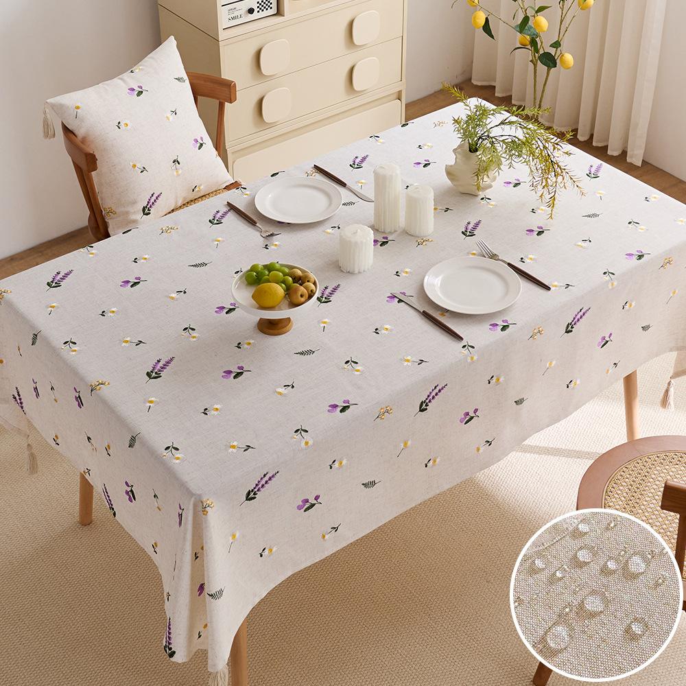Polyester linen tablecloth waterproof lavender embroidery light luxury atmosphere decorative cloth coffee table tablecloth rectangular dining table