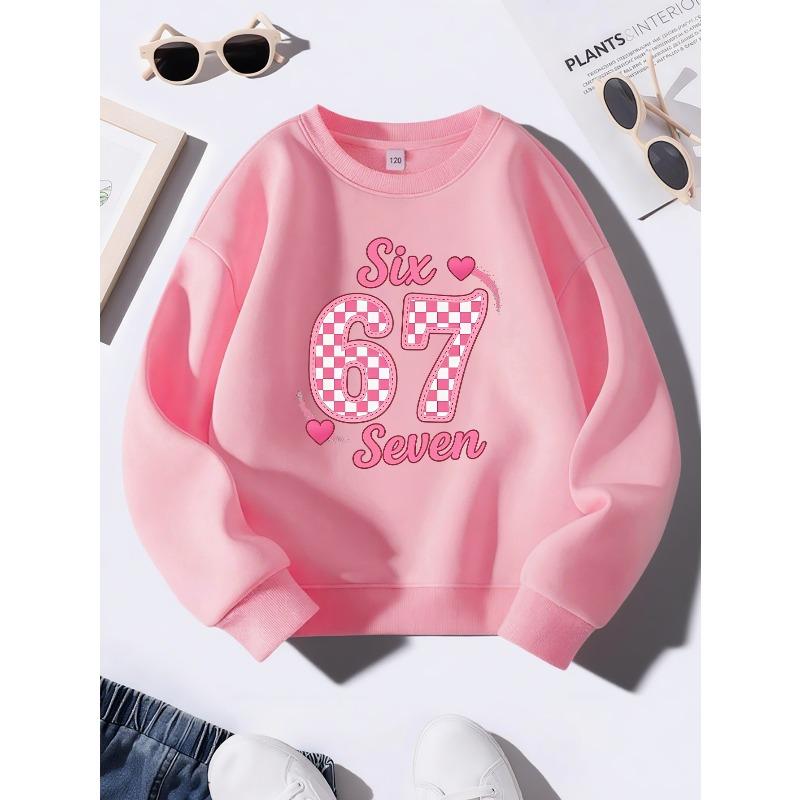 Unisex Kids Pink Crewneck Sweatshirt For 4-12 Girls Pink Checkered Number 67 Six Seven Heart Glitter Print Soft Fleece Long Sleeve Pullover