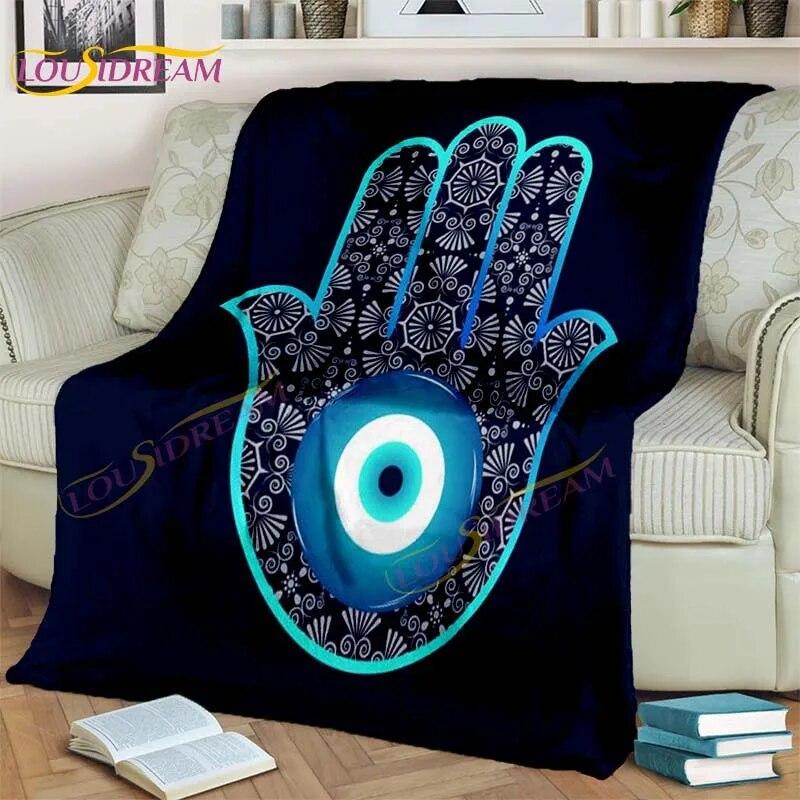 Bule Evil Eye Blanket Hamsa Hand Psychedelic Blanket for Travel Bedding Chair Adult Lightweight Bohemian Style Blanket Tapestry