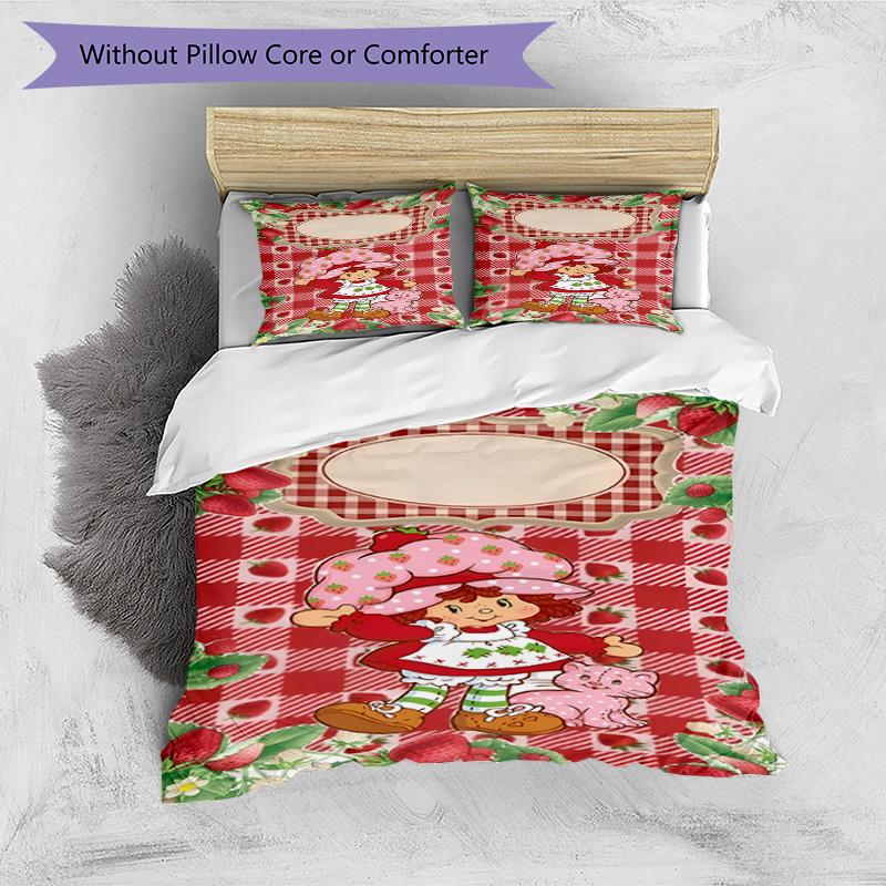 Set cuvertură de pilota 3 buc (1 * Husă de pilota + 2 * Față de pernă, Fără Miez), Set de așternut cu imprimeu Strawberry Shortcake, Decor pentru dormitor, Pentru toate anotimpurile, Cadou de ziua de naștere