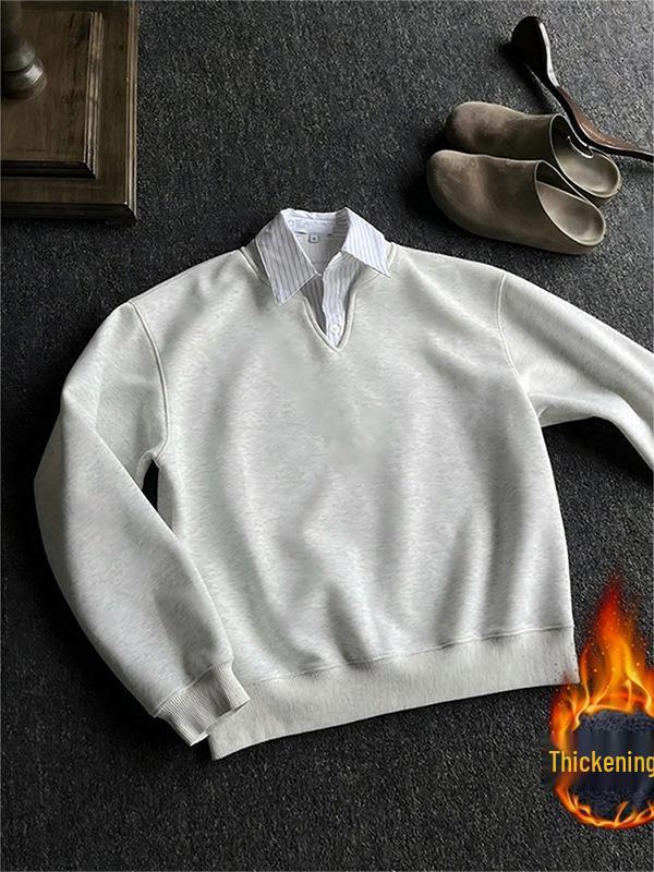 Men's Black Two-Piece Style Polo Hoodie with Velvet Collar - College Style, Long Sleeve, Autumn/Winter