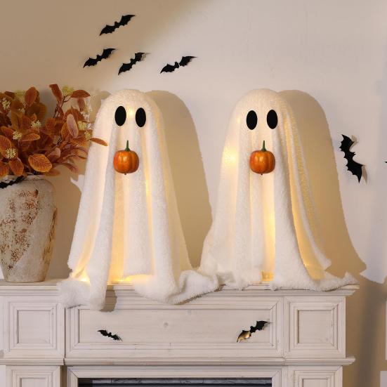 Halloween Lighted White Ghost Spooky LED Light-Up Velvet Cloth Ghost with Pumpkin for Holiday Home Kitchen Fireplace Tabletop Decor