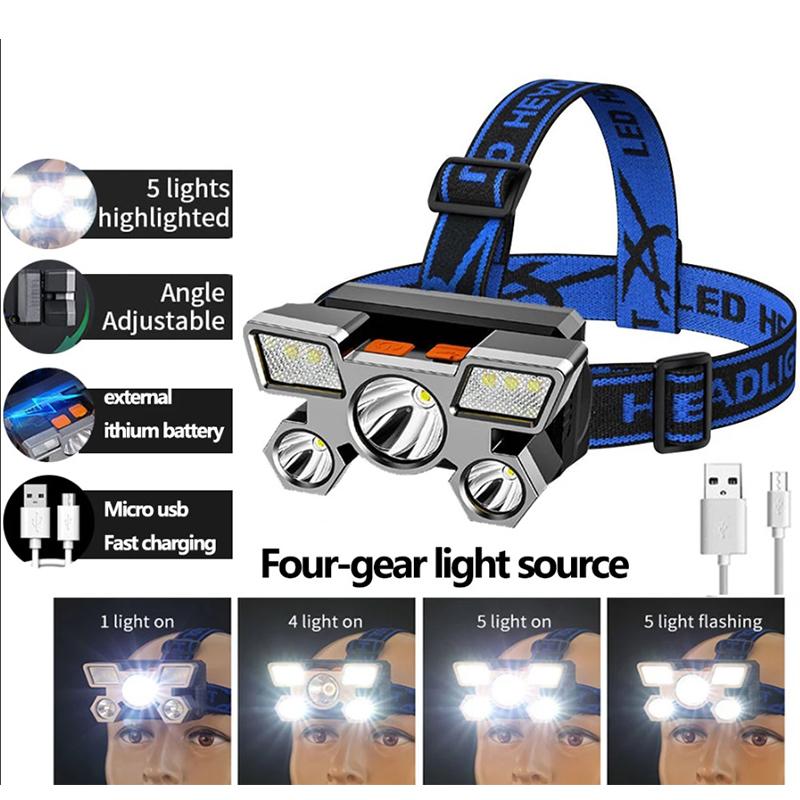 5 LED Headlamp Ultra Bright Headlight 4 Modes USB Rechargeable Waterproof for Outdoor Camping Hiking Fishing Cycling Running