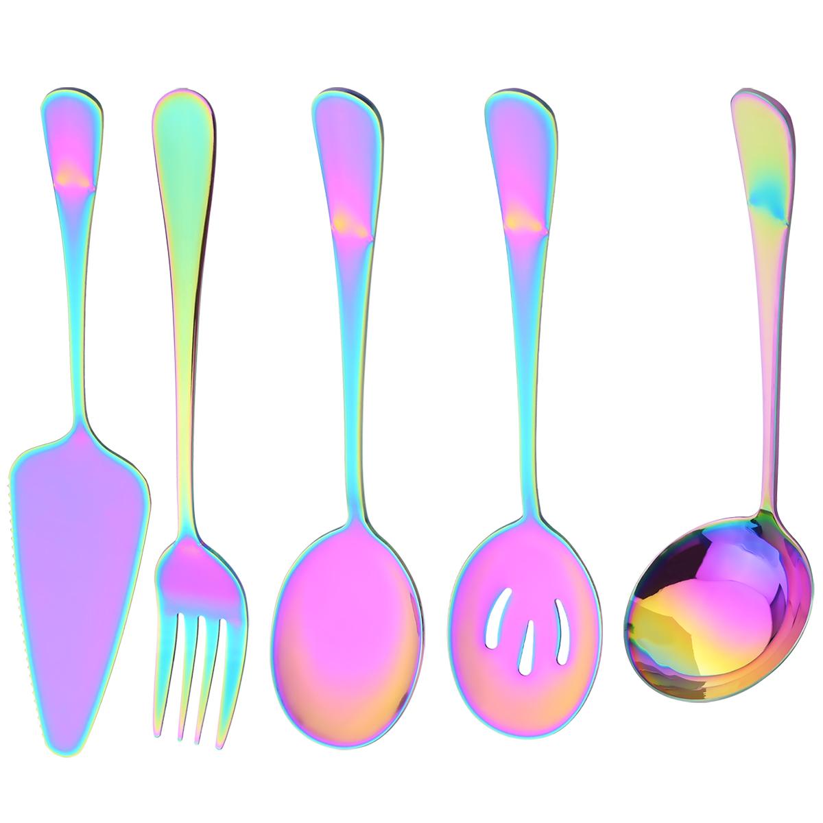 

5 шт./компл. разноцветный набор посуды из нержавеющей стали, ложка для супа, дуршлаг, ложка, ложка для обслуживания, вилка для салата, лопаточка для торта, кухонная посуда разноцветный