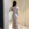 French temperament printed velvet cross waist slim dress