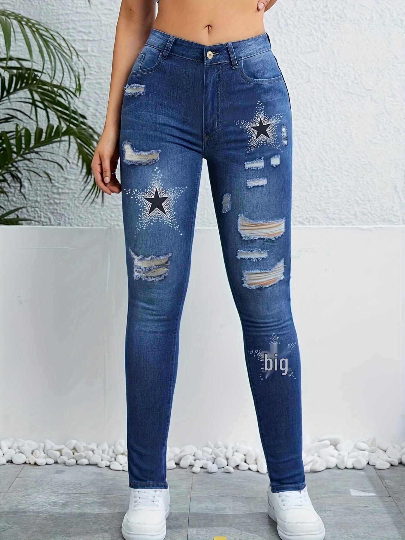 Spring/Summer Star Print Skinny Jeans with Ripped Cut-out and Color Block Design Medium синий