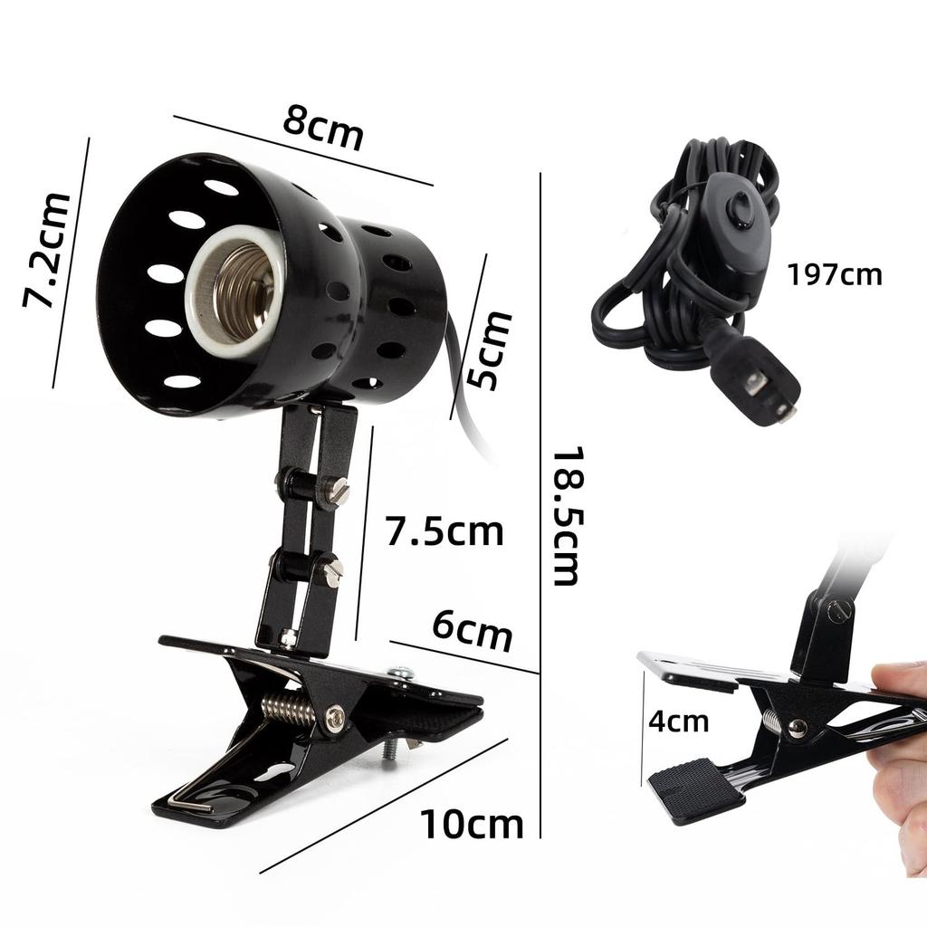 Reptile Light Holder for Amphibians with Ceramic Infrared Lamp 360 Degree Adjustable for Reptile Lighting Clip-on Switch, Stand, Rotation, Angle,