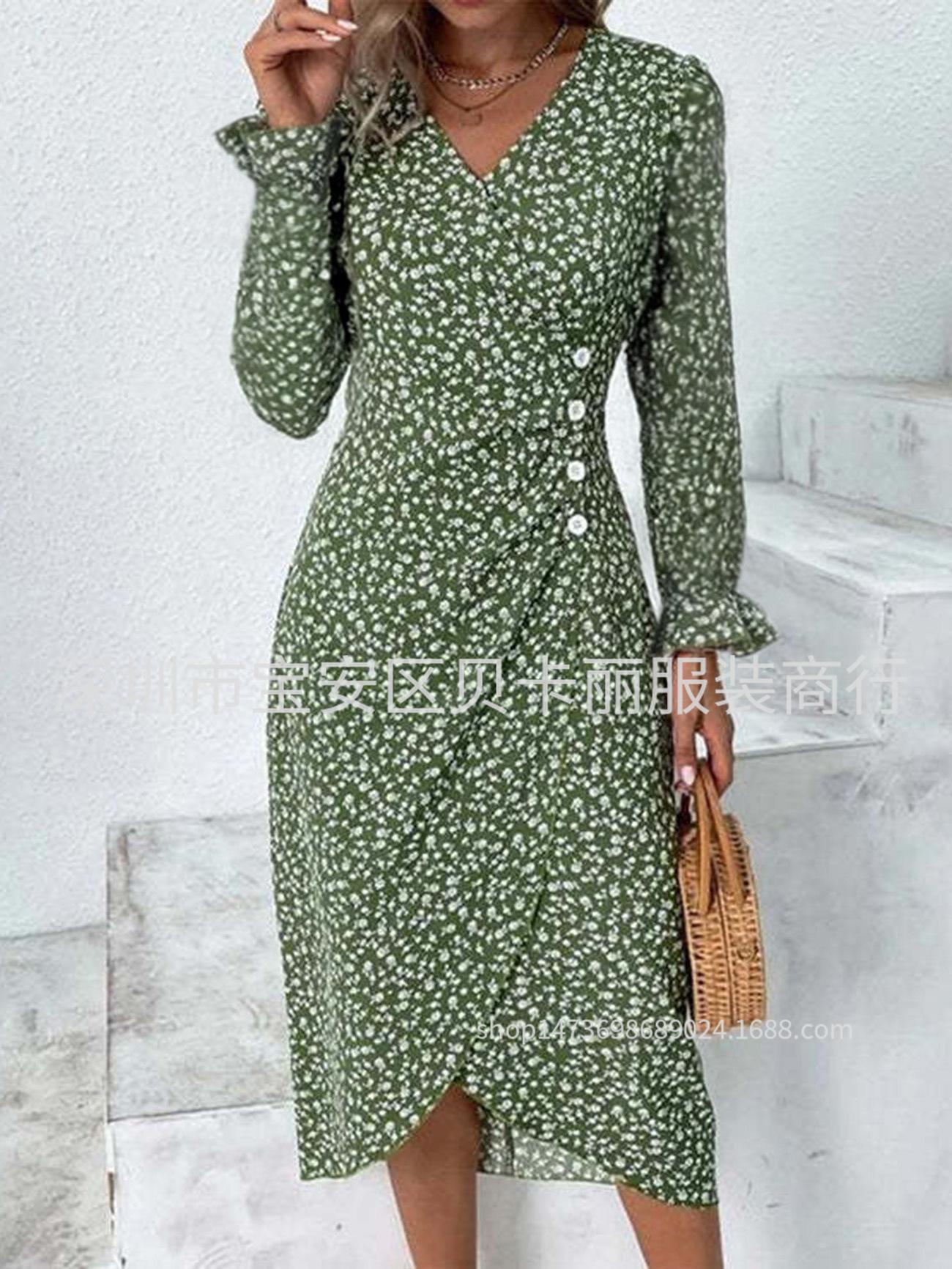 Women s V Neck Long Sleeve Midi Dress Straight Fit High Waist Elegant Commuter Wrap Dress Ditsy Floral Ruffle Sleeve Irregular Hem Dress S