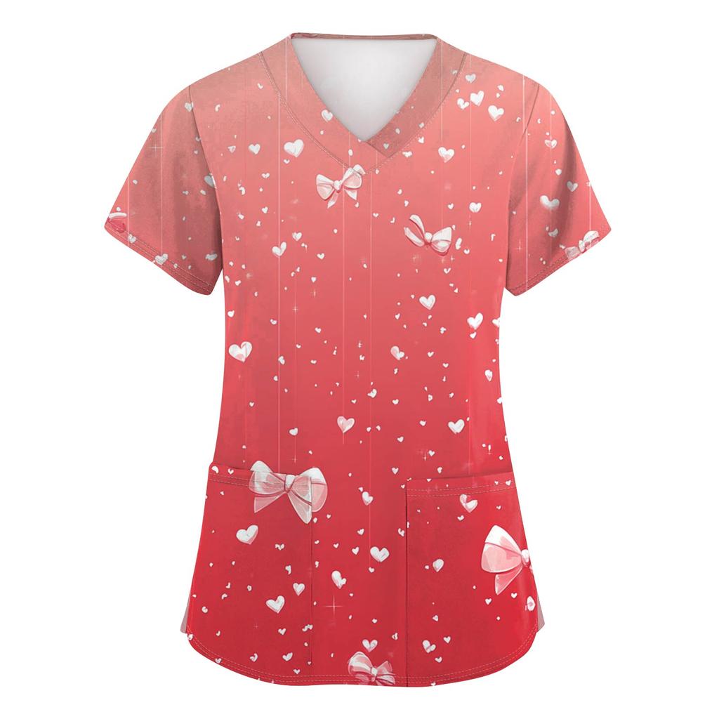 Women's Fashion V-Neck Short-Sleeved Workwear With Pockets Valentine's Day Printed Top Caregiver Uniform